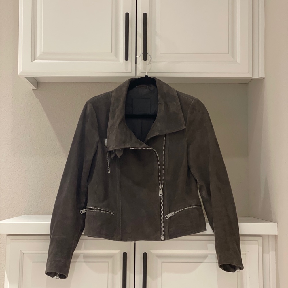 All Saints Gray Suede Moto Zip Jacket - Picture 4 of 7